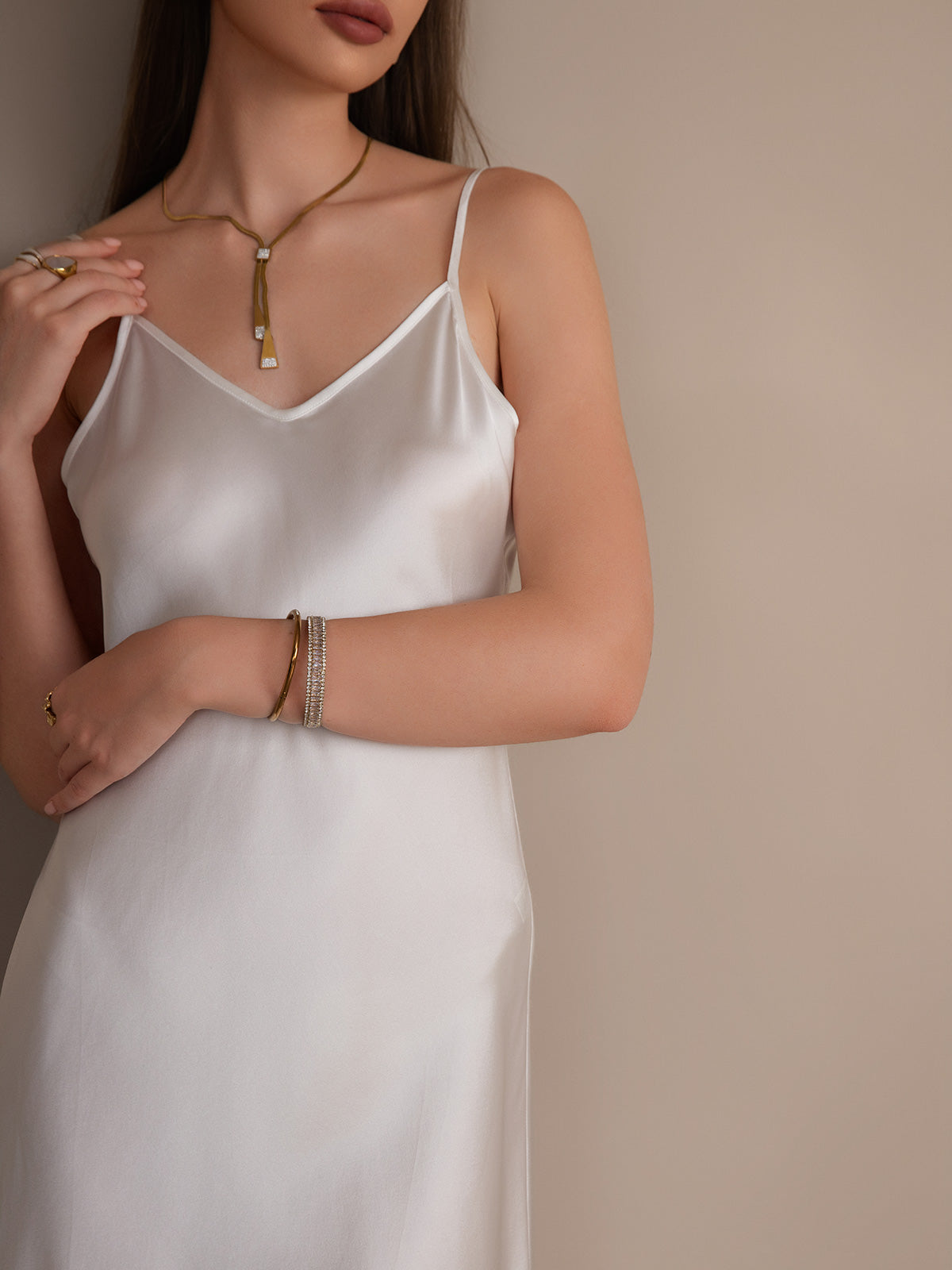 [White] SilkSilky-UK Spaghetti Strap V Neck Dress 003