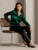 [Dark Green] SilkSilky-UK Long Sleeve Lapel Collar Women's Shirt 003