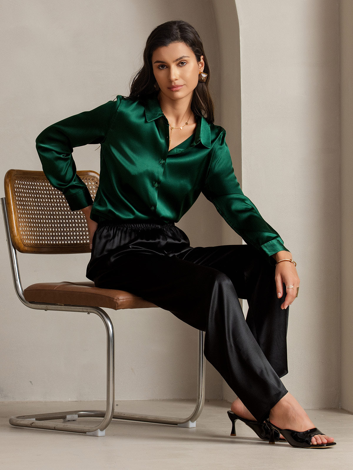 [Dark Green] SilkSilky-UK Silk Long Sleeve Collar Women's Shirt 003