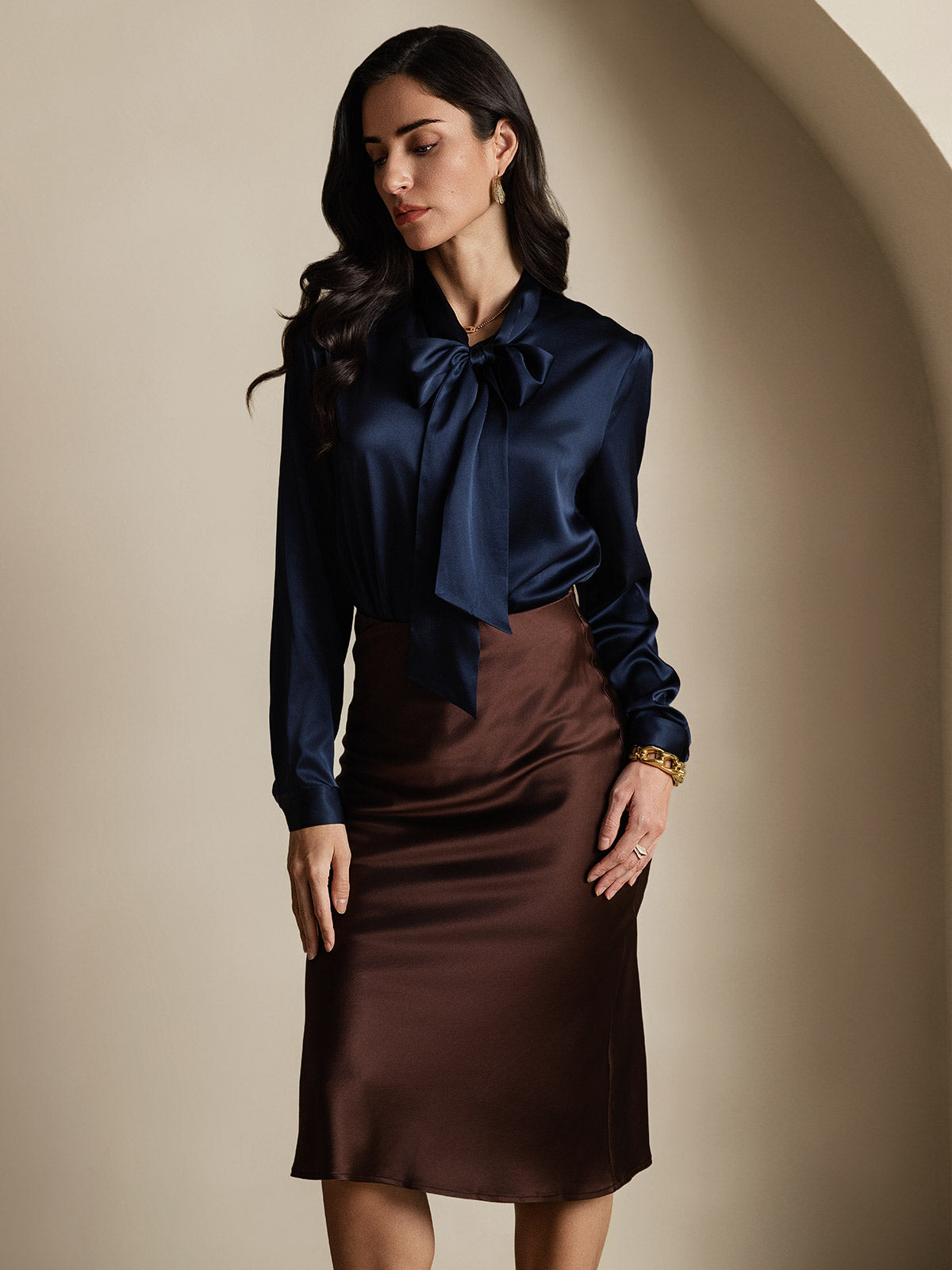 [Dark Blue] SilkSilky-UK 19Momme Silk Long Sleeve Tie Neck Women's Shirt 005