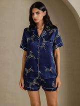 [Navy Zebra] SilkSilky-UK Short Sleeve Lapel Collar Women's Pyjamas 001