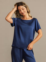 [Dark Blue] SilkSilky-UK 19Momme Machine-Washable Silk Short Sleeve Women's Pyjamas 003