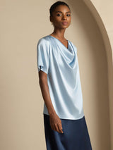 [Grayish Blue] SilkSilky-UK Short Sleeve Cowl Neck Women's Blouse 006