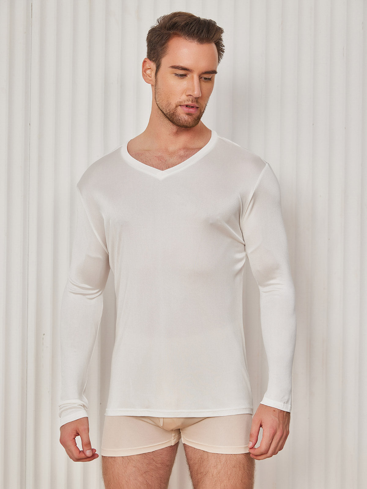 SilkSilky UK Silk Knitted Long Sleeve V Neck Men's T Shirt White 003