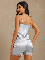 [Grayish Blue] SilkSilky-UK Spaghetti Strap V Neck Camisole Set 002