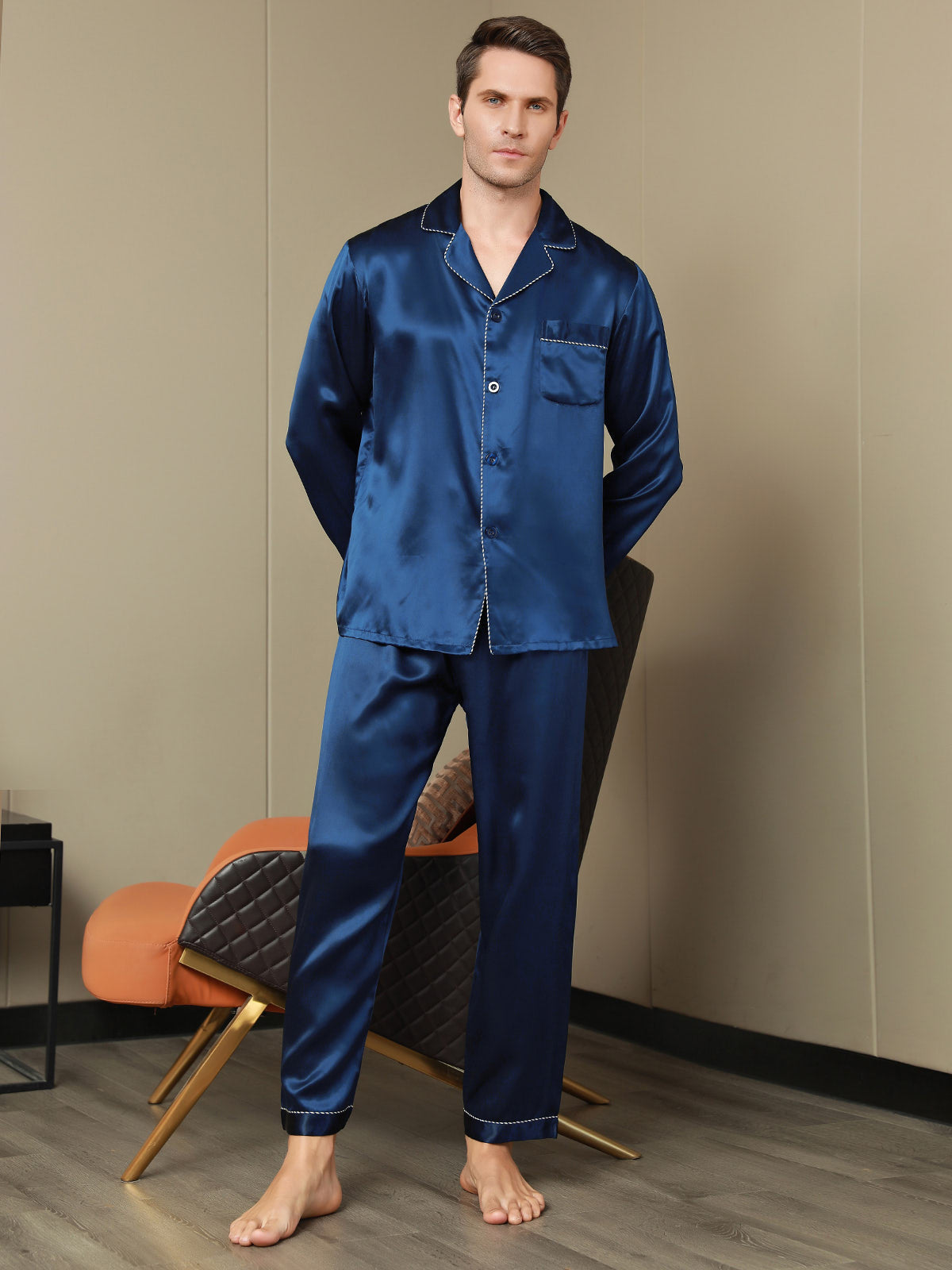 Clearance (UK Warehouse) - Luxurious Silk Men‘s Contrast Trim Pyjamas