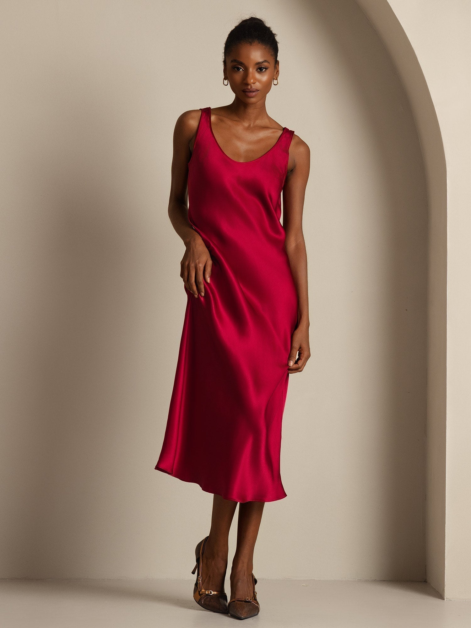 [Wine] SilkSilky-UK Pure Silk Boat Neck Dress 001,