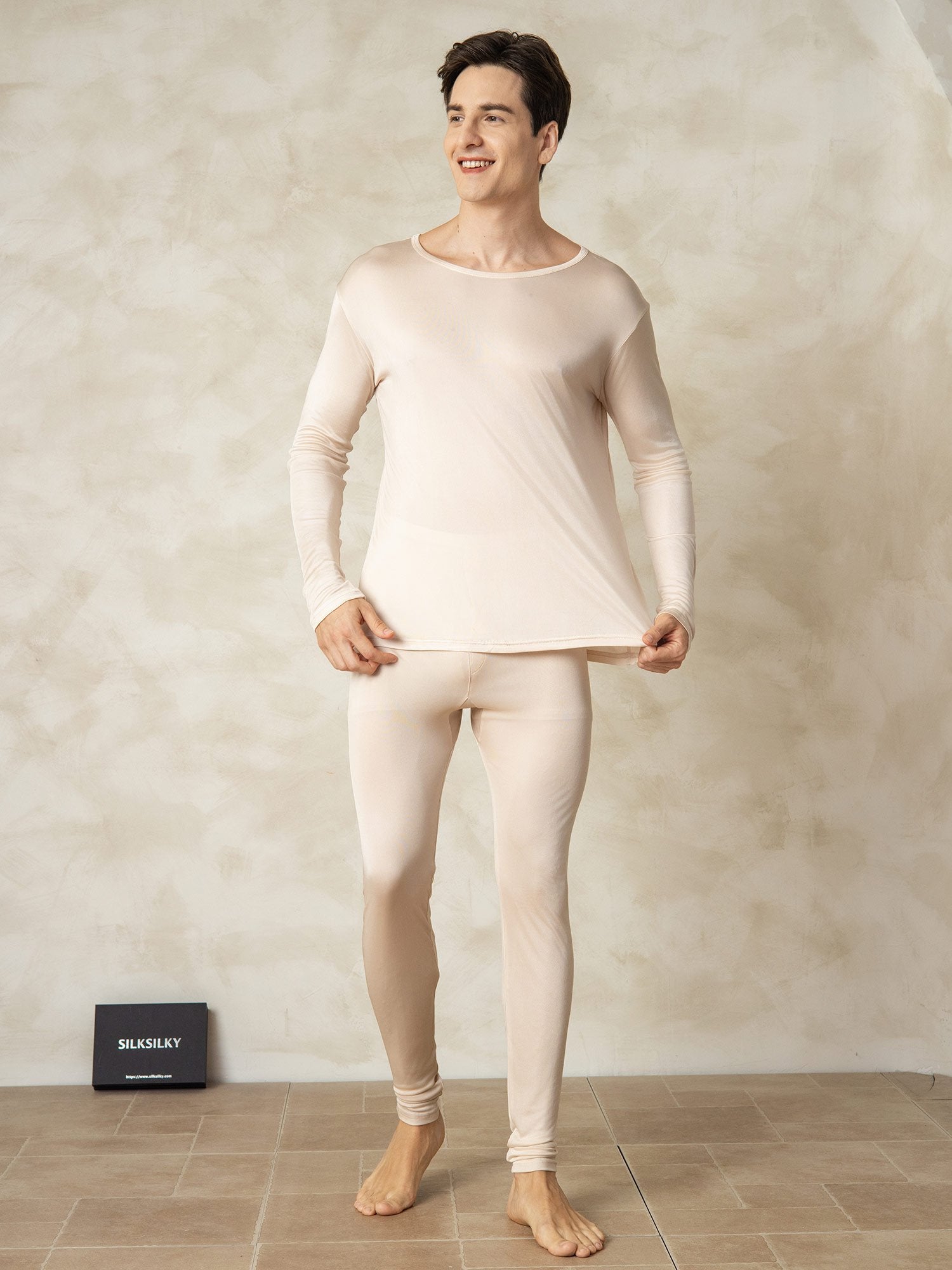 [Tan] SilkSilky-UK Silk Knitted Round Neck Men's Pyjamas 003