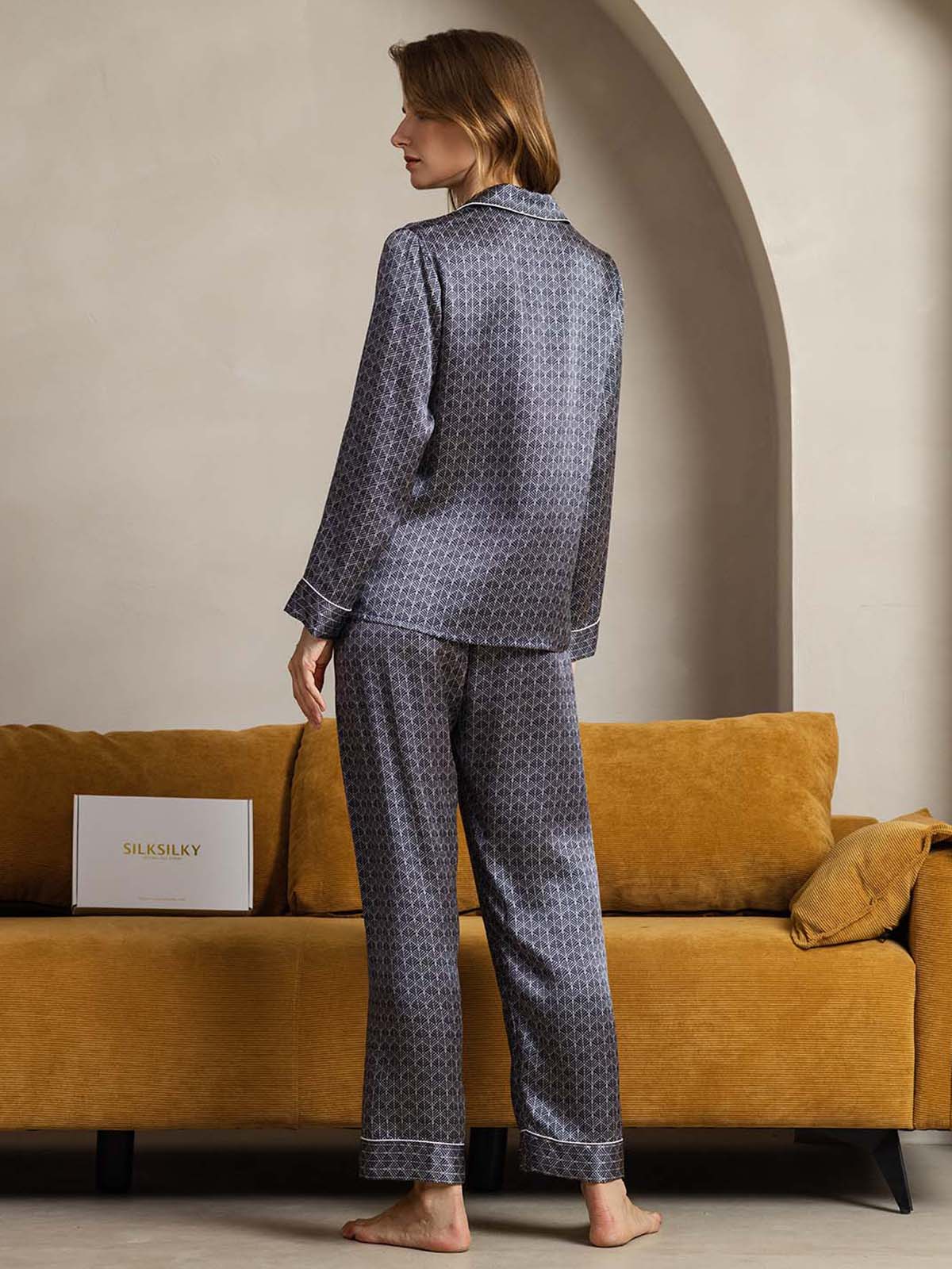 [Navy Ginkgo] SilkSilky-UK Pure Silk Womens Pajamas 002