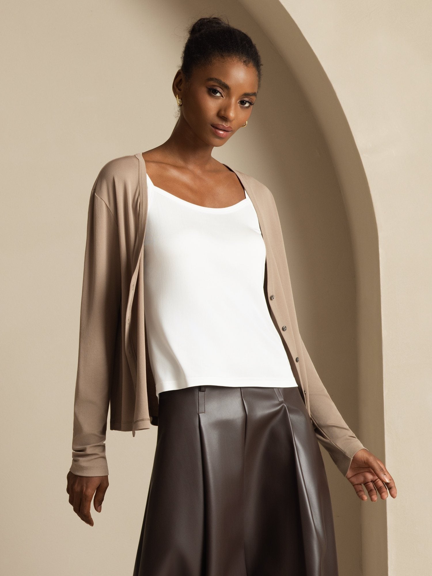 [Tan] SilkSilky-UK 19Momme 100% High-Twist Silk Jersey Long Sleeve V Neck Women's Cardigan 003