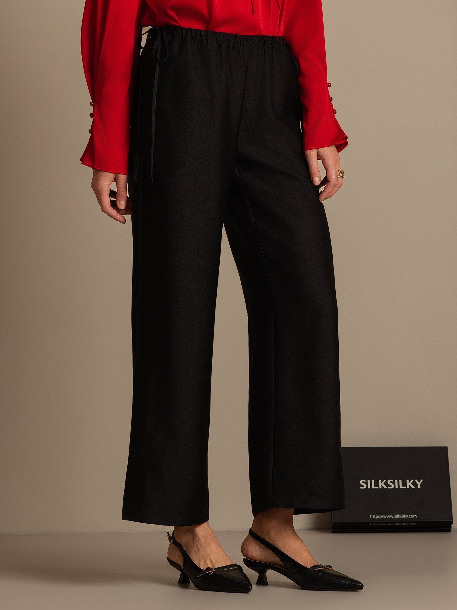 [Black] SilkSilky-UK 32Momme Silk-Wool Blend Womens Pants 006,