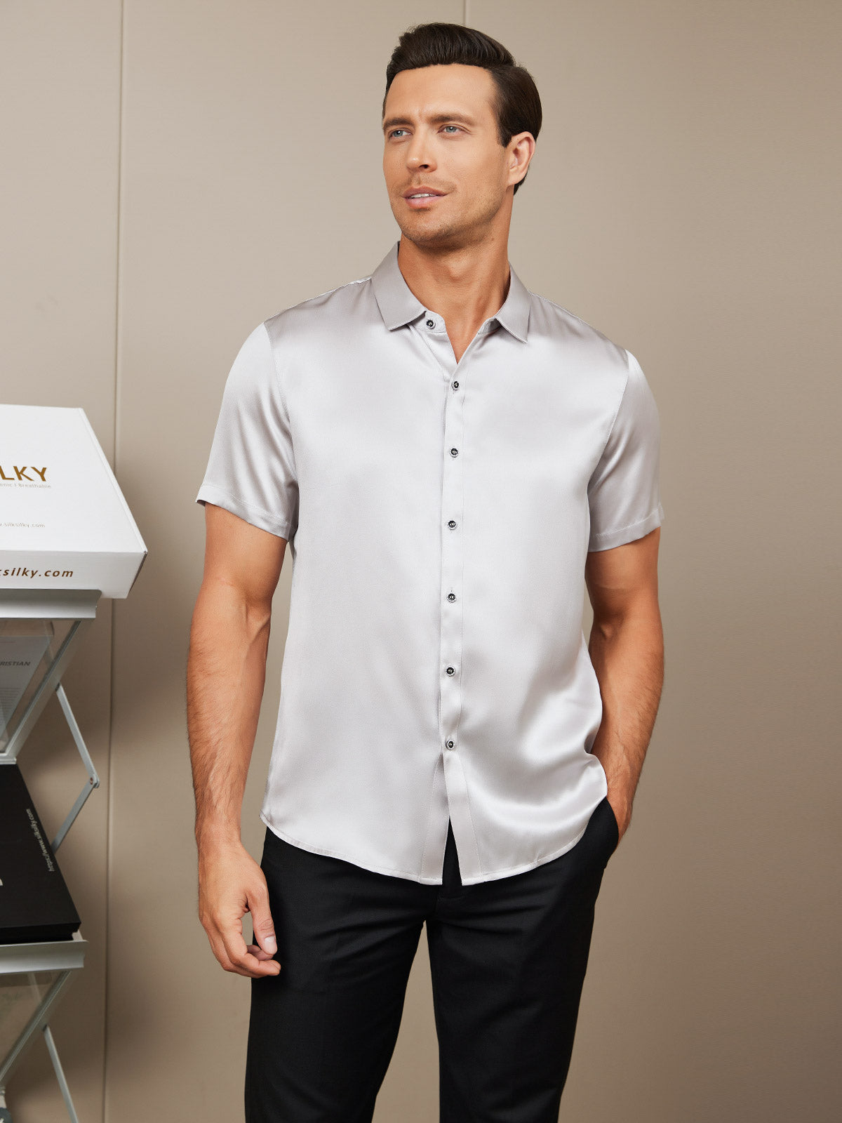 SilkSilky UK Silk Short Sleeve Collar Men's Shirt Silver 005