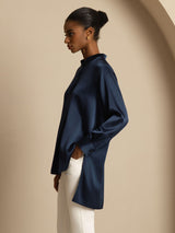 [Dark Blue] SilkSilky-UK 19Momme Stretch Silk Charmeuse Long Sleeve Stand Collar Blouse 003