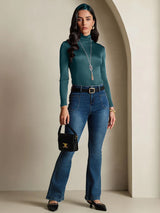 [Dark Green] SilkSilky-UK Silk Jersey Long Sleeve Turtle Neck Women's T-Shirt 007
