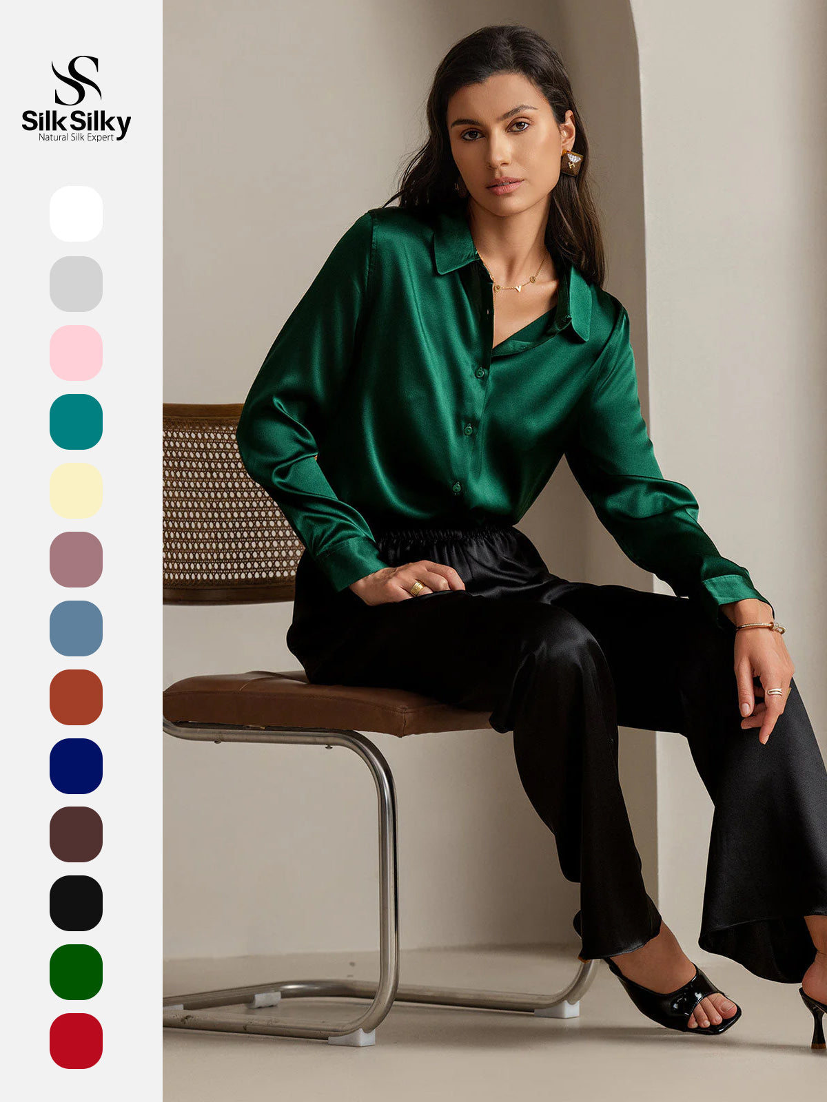 [Dark Green] SilkSilky-UK Silk Long Sleeve Collar Women's Shirt 001