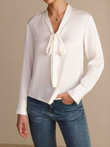 [White] SilkSilky-UK Long Sleeve Tie Neck Women's Blouse 006