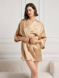 SilkSilky-UK Pure Silk 3/4 Sleeve V Neck Women's Dressing Gown Champagne 003