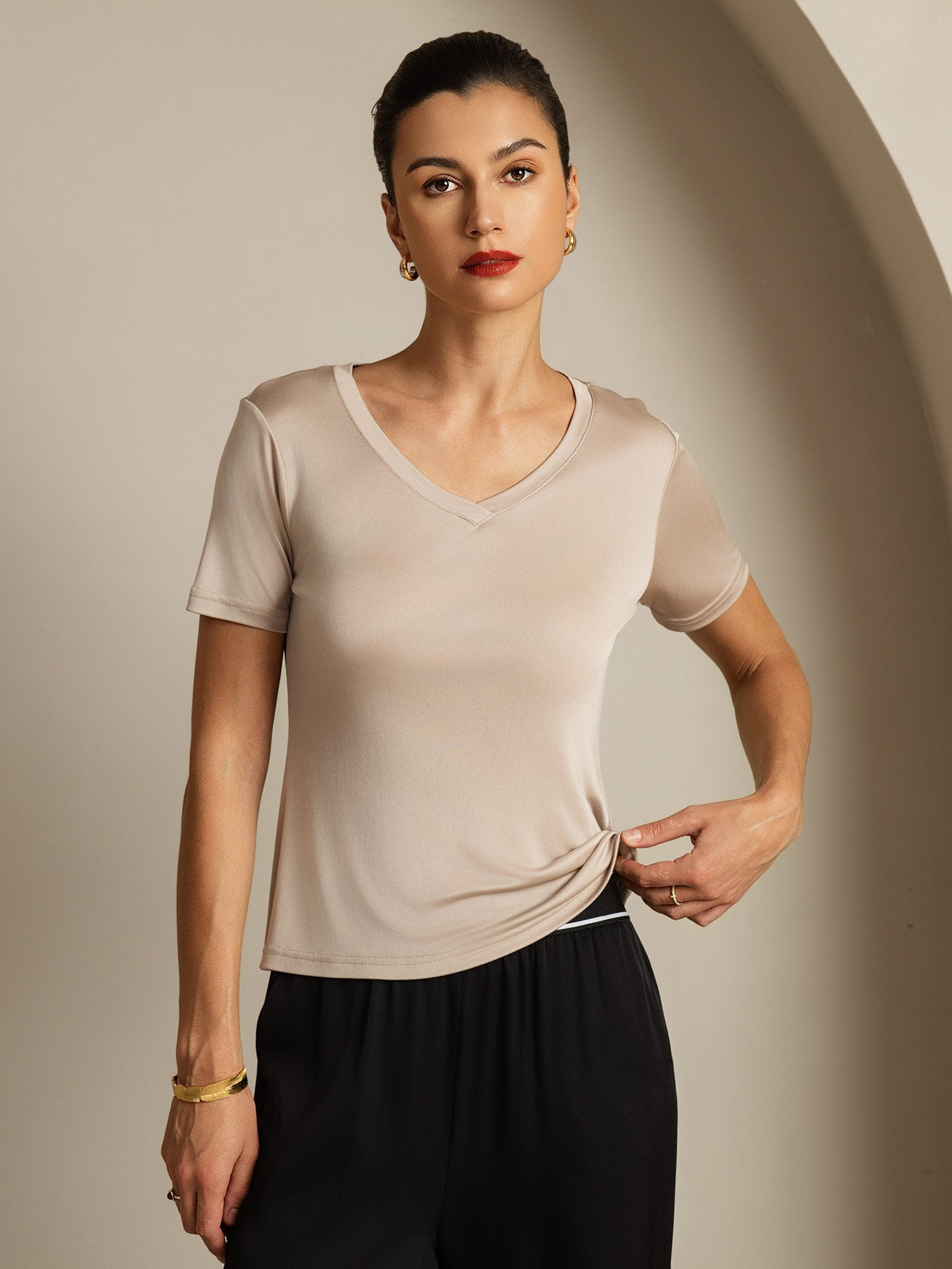 [LightKhaki] SilkSilky-UK Pure Silk V Neck Women's T-Shirt 003