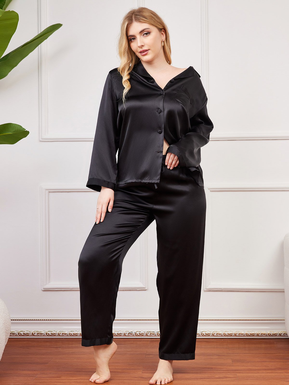 SilkSilky UK Pure Silk Long Sleeve Lapel Plus Size Pyjamas Black 003