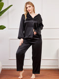 SilkSilky UK Pure Silk Long Sleeve Lapel Plus Size Pyjamas Black 003