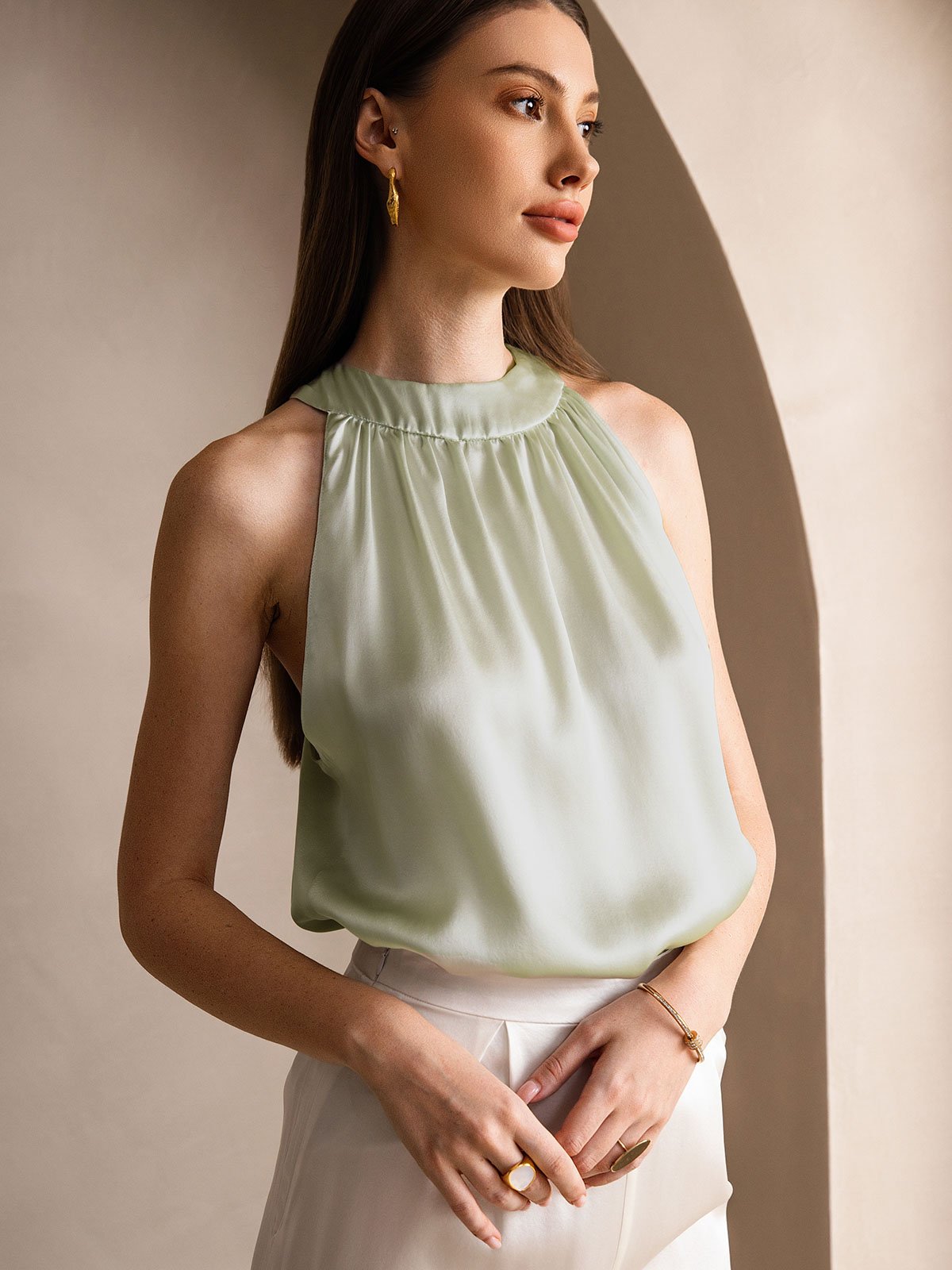 [Light Green] SilkSilky-UK 19Momme Silk Sleeveless Halter Neck Women's T-Shirt 003