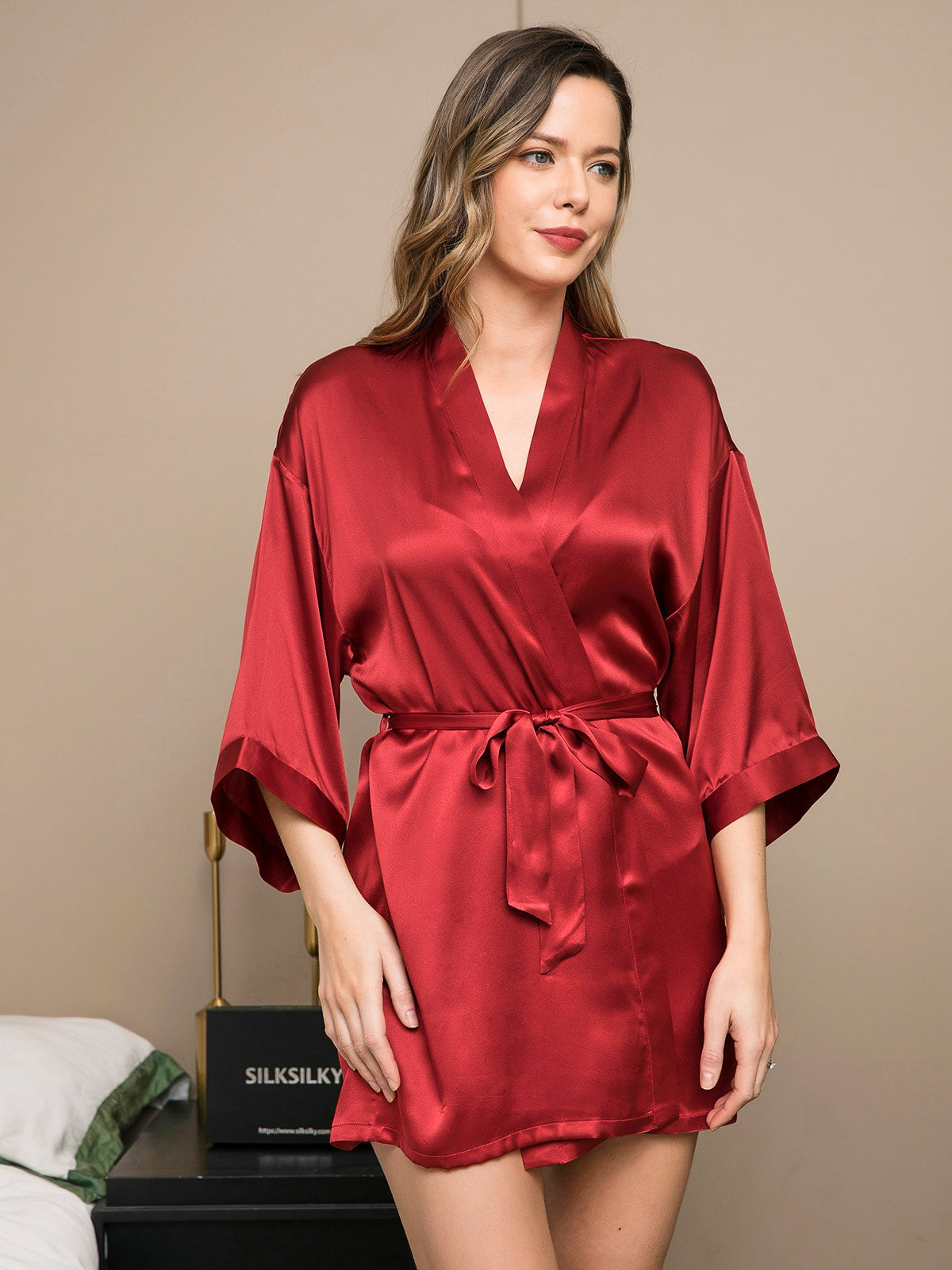 [Wine] SilkSilky-UK Pure Silk 3/4 Sleeve Wrap Women's Dressing Gown 004