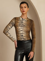 [Tiger] SilkSilky-UK 100% Silk Jersey Long Sleeve Mock Neck Women's T-Shirt 005