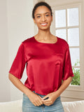 SilkSilky UK Pure Silk Half Sleeve Boat Neck Women's T Shirt DarkRed 001