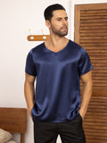 SilkSilky UK Pure Silk Short Sleeve V Neck Men's T Shirt DarkBlue 001