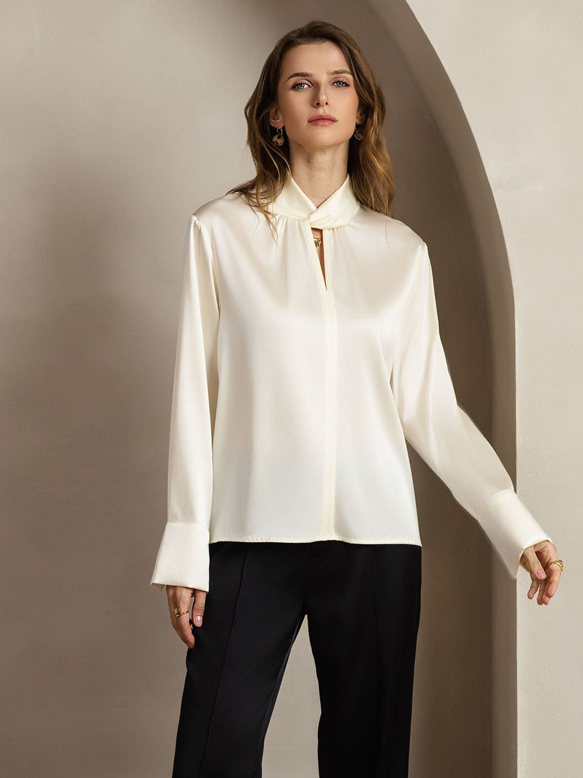 [Ivory] SilkSilky-UK 19Momme Silk Keyhole Neck Women's Shirt 009