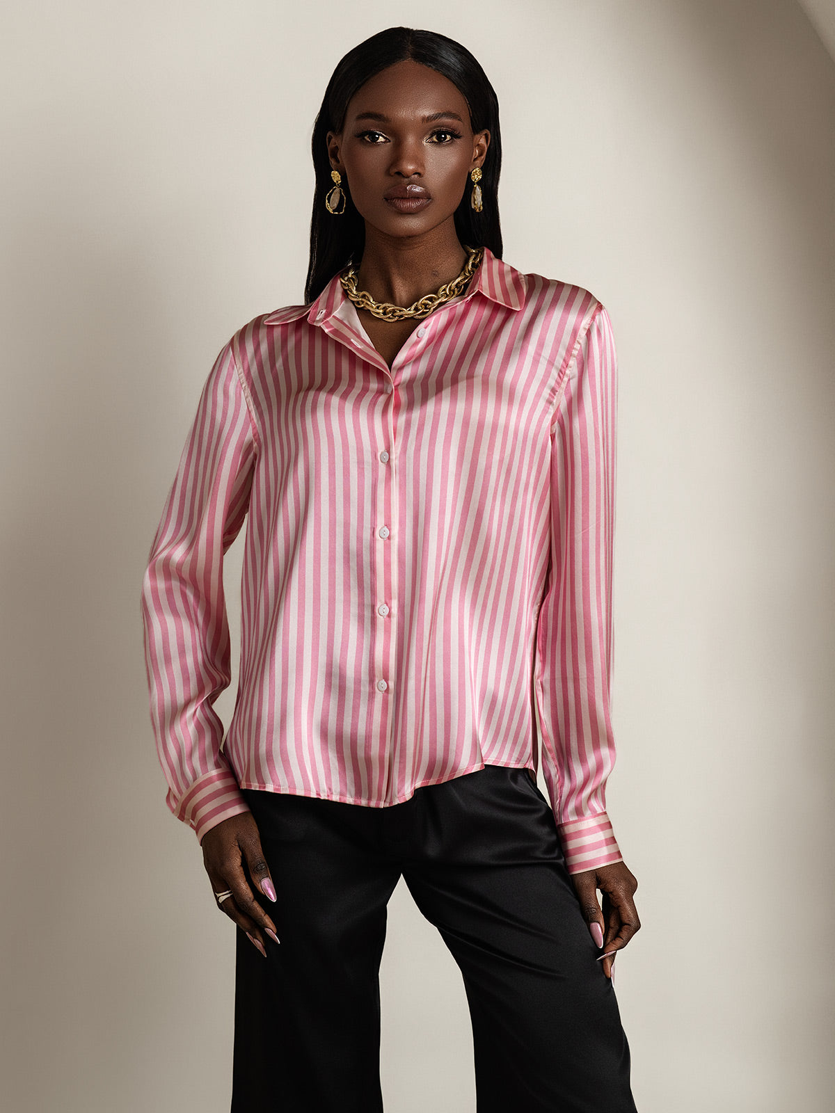 [Pink Stripe] SilkSilky-UK Silk Long Sleeve Collar Women's Shirt 006