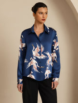 [Dark Blue] SilkSilky-UK Long Sleeve Lapel Collar Women's Shirt 004