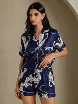 [Navy Cheetah] SilkSilky-UK Short Sleeve Notch Collar Women's Pyjamas 005
