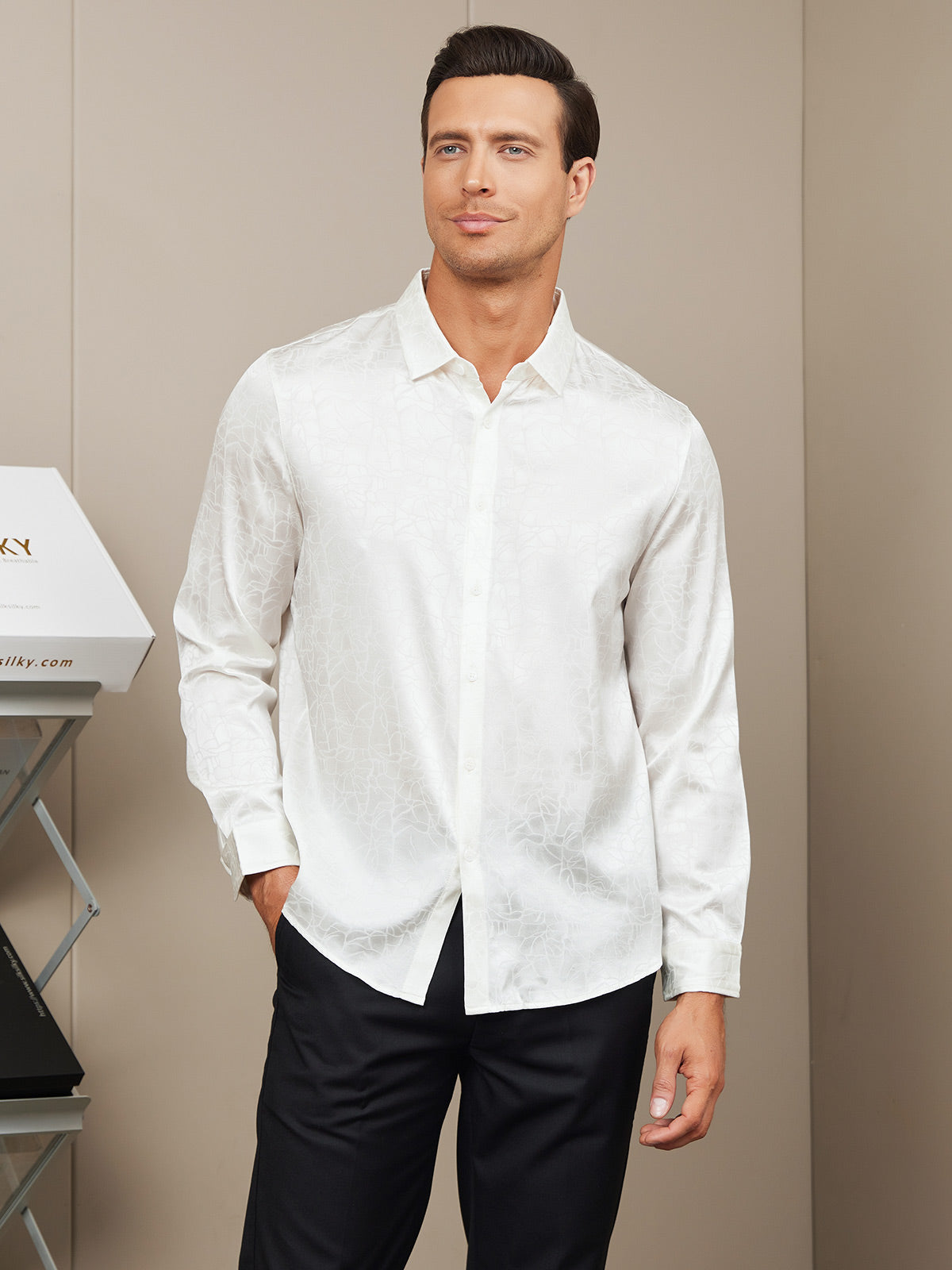 SilkSilky UK Silk Long Sleeve Collar Men's Shirt White 001