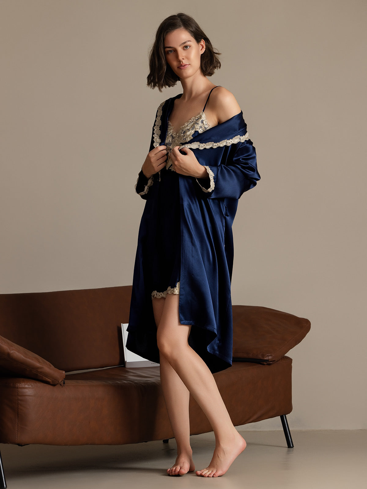 SilkSilky-UK Pure Silk Long Sleeve V Neck Nightdress&Dressing gowns DarkBlue 005