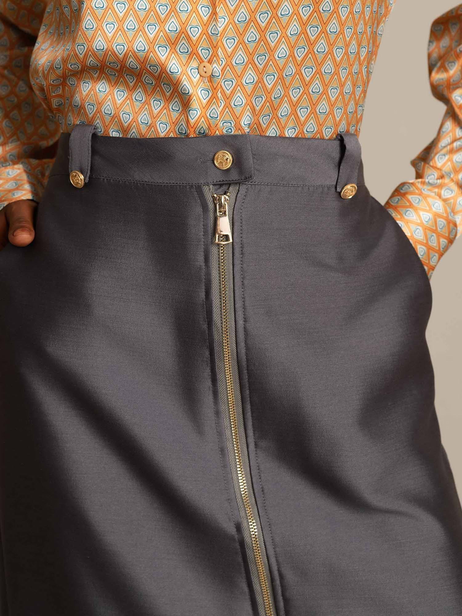 [Gray] SilkSilky-UK 32Momme Silk-Wool Blend Split Skirt 004,
