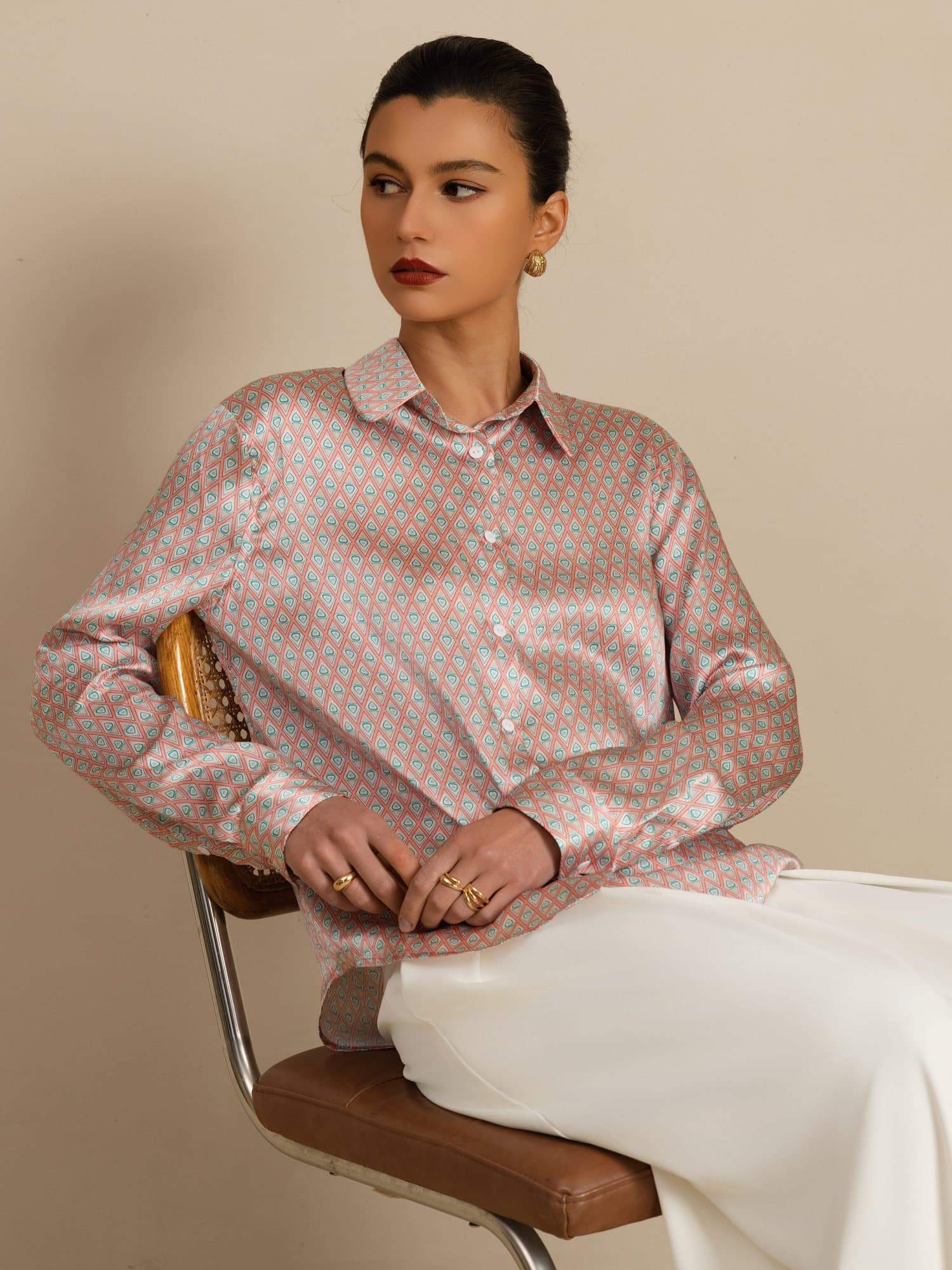 [Pink Heart Geo] SilkSilky-UK Long Sleeve Lapel Collar Women's Shirt 001