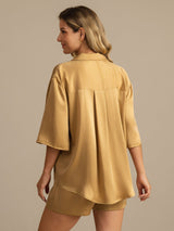 [Tan] SilkSilky-UK 19Momme Machine-Washable Silk Half Sleeve Notch Collar Women's Pyjamas 002