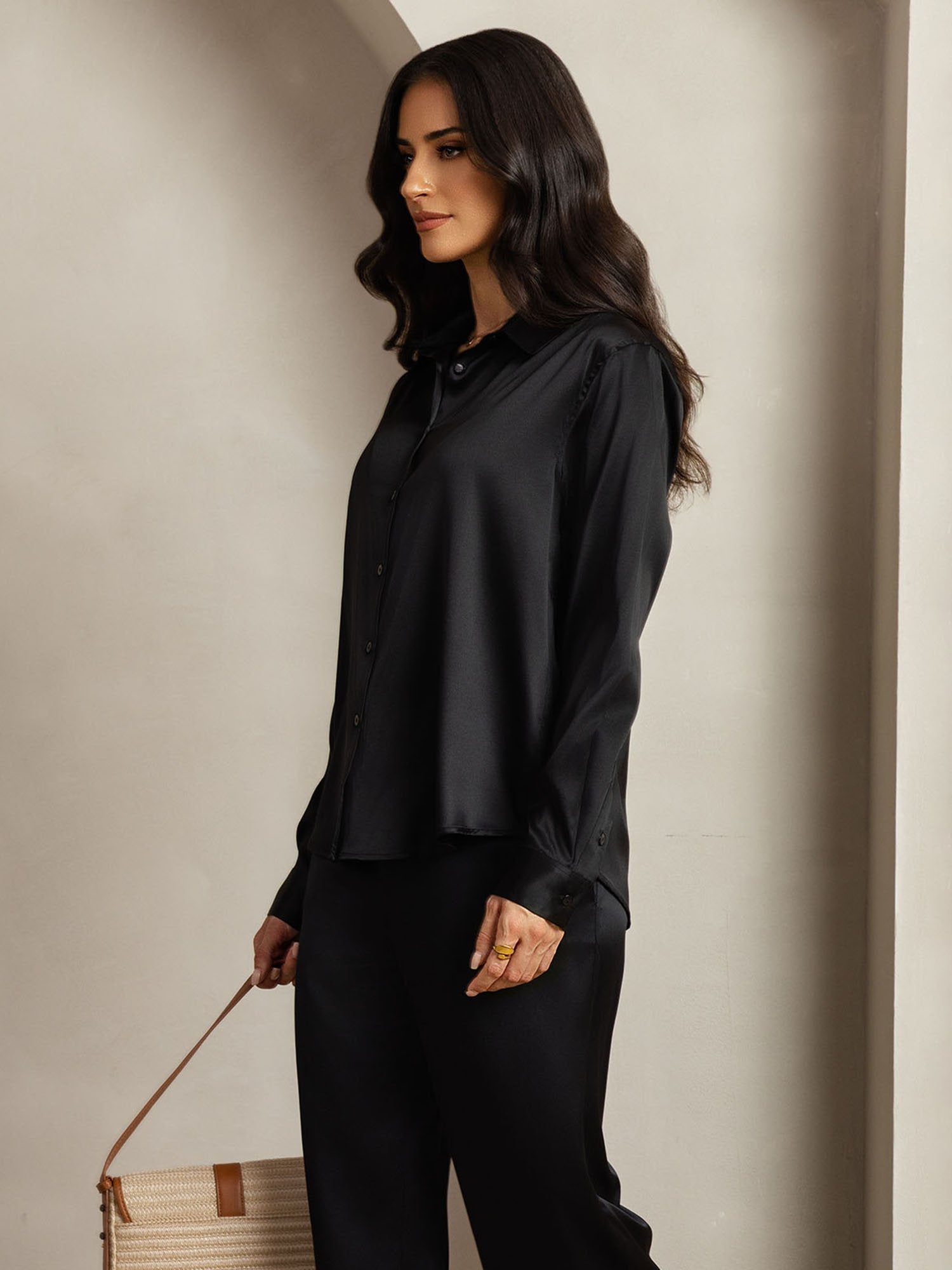 [Black] SilkSilky-UK 19Momme Silk Collar Women''s Outfit Sets 006