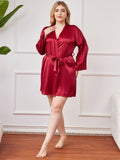 SilkSilky UK Pure Silk Long Sleeve V Neck Plus Size Dressing Gown Wine 005