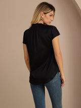 [Black] SilkSilky-UK Short Sleeve Split Women's Blouse 002