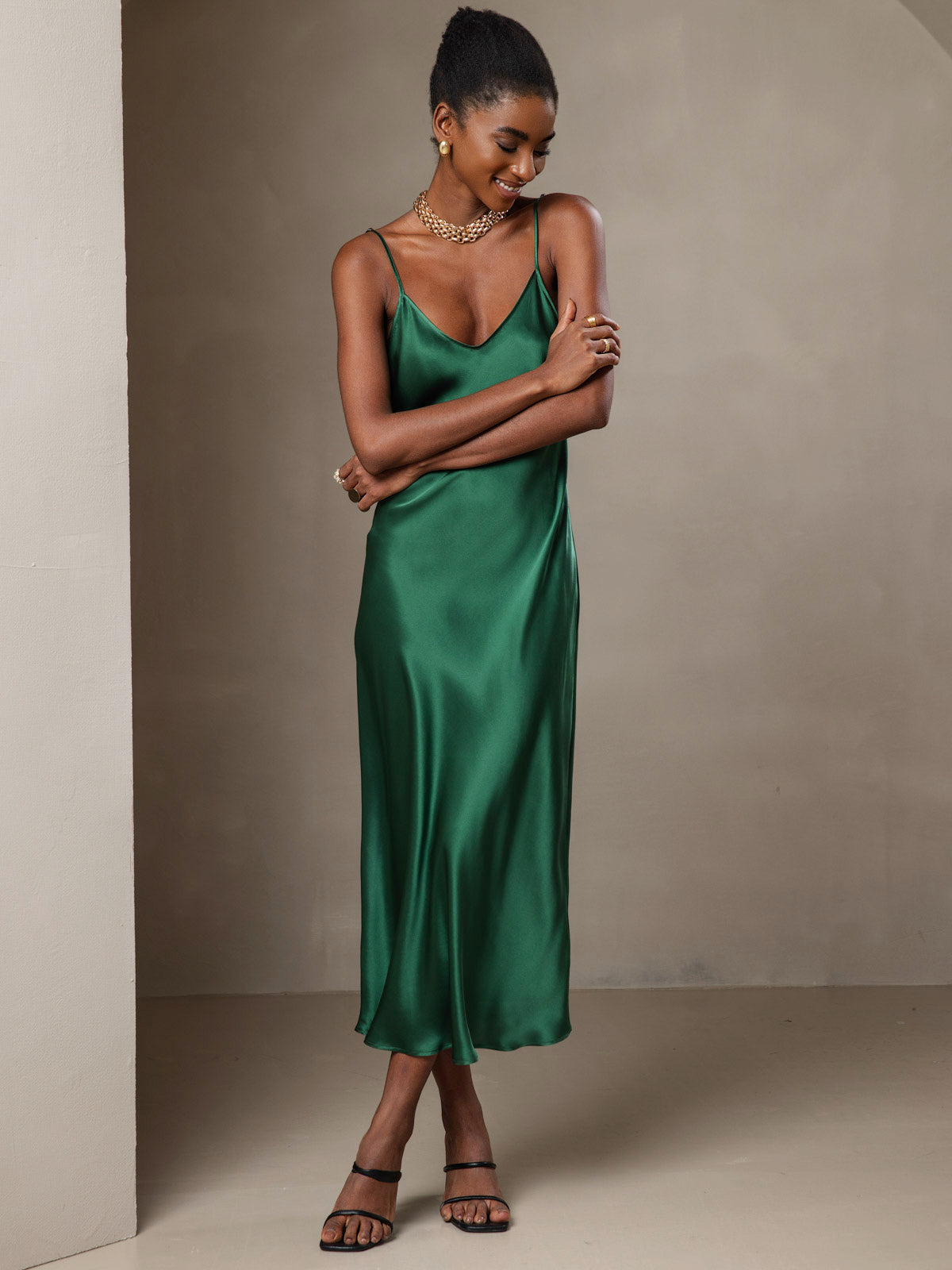 SilkSilky-UK Pure Silk Sleeveless Round Neck Dress Green 005