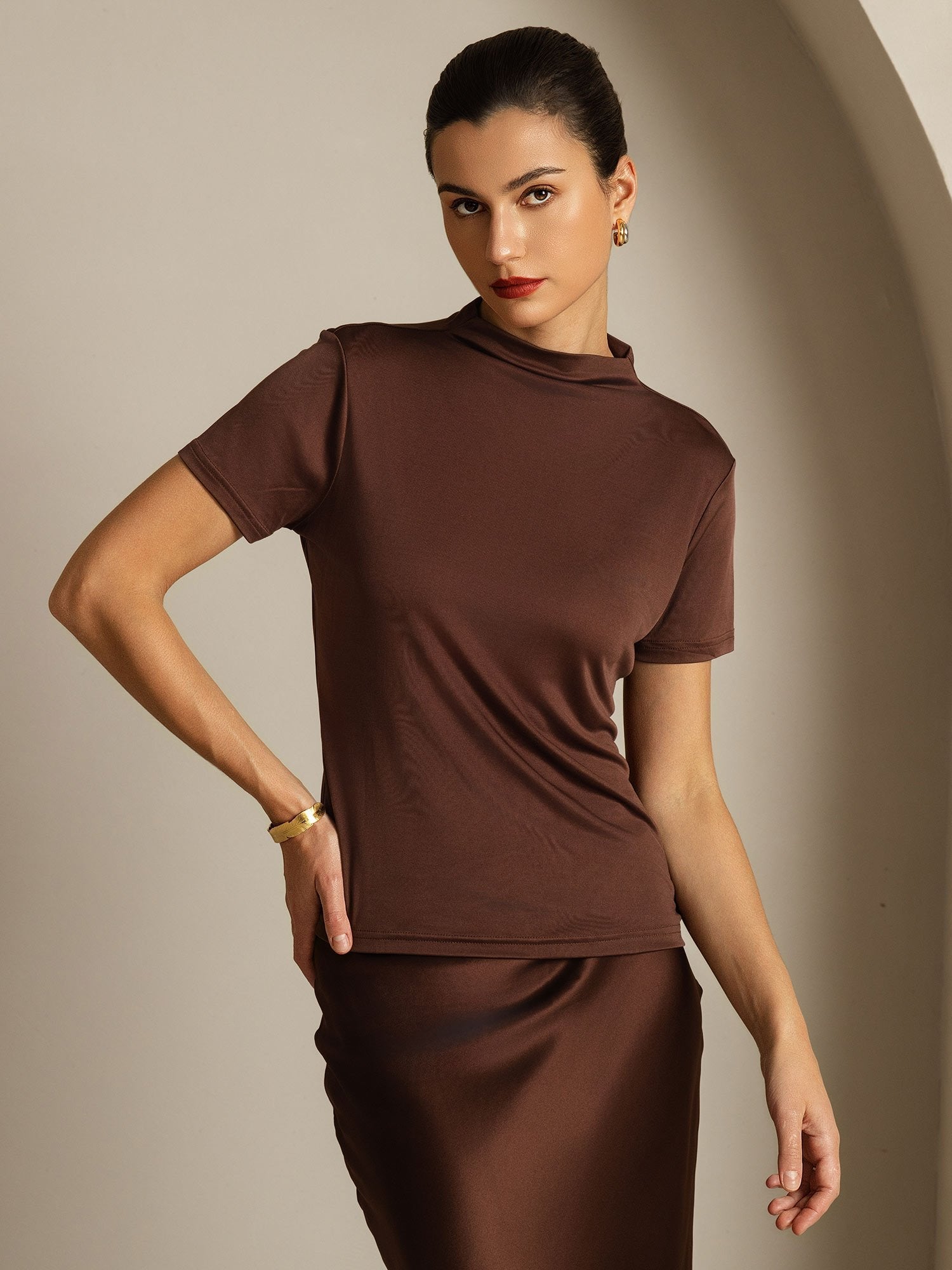 [Coffee] SilkSilky-UK Pure Silk Collar Women's T-Shirt 001