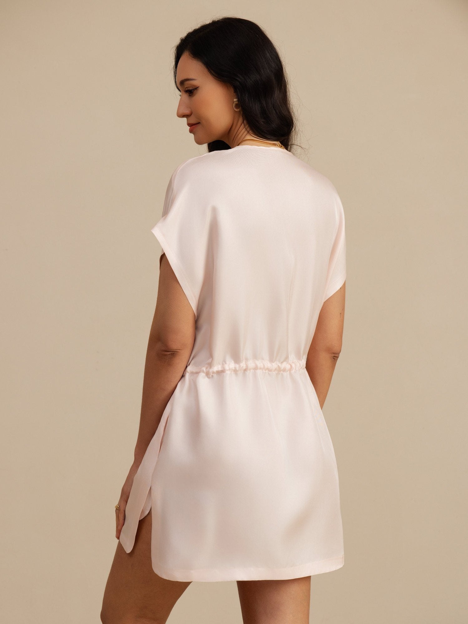 [Pink] SilkSilky-UK 18Momme Silk Satin Surah Cap Sleeve Henley Neck Dress 002