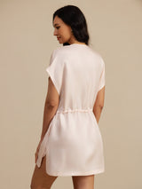 [Pink] SilkSilky-UK 18Momme Silk Satin Surah Cap Sleeve Henley Neck Dress 002