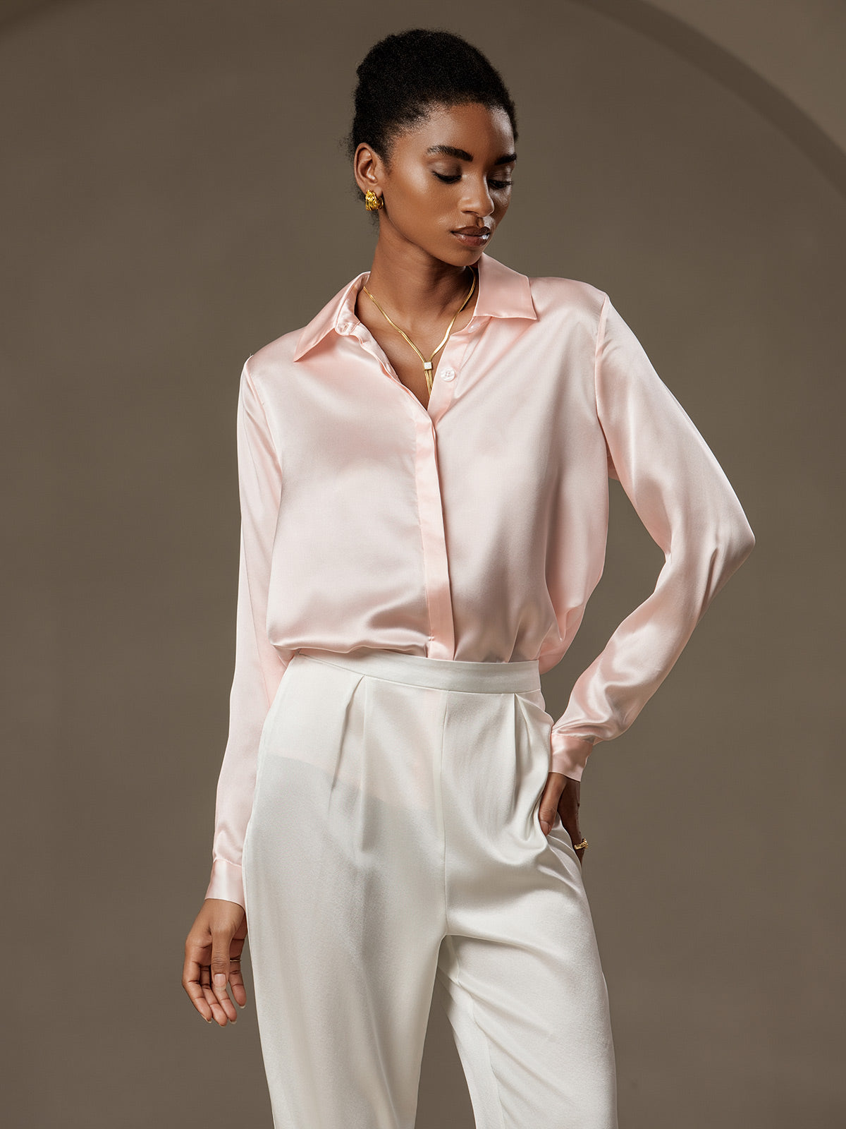[Pink] SilkSilky-UK 19Momme Silk Collar Women's Shirt 001