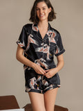 SilkSilky-UK 19Momme Pure Silk Short Sleeve Lapel Women's Pyjamas Black 001