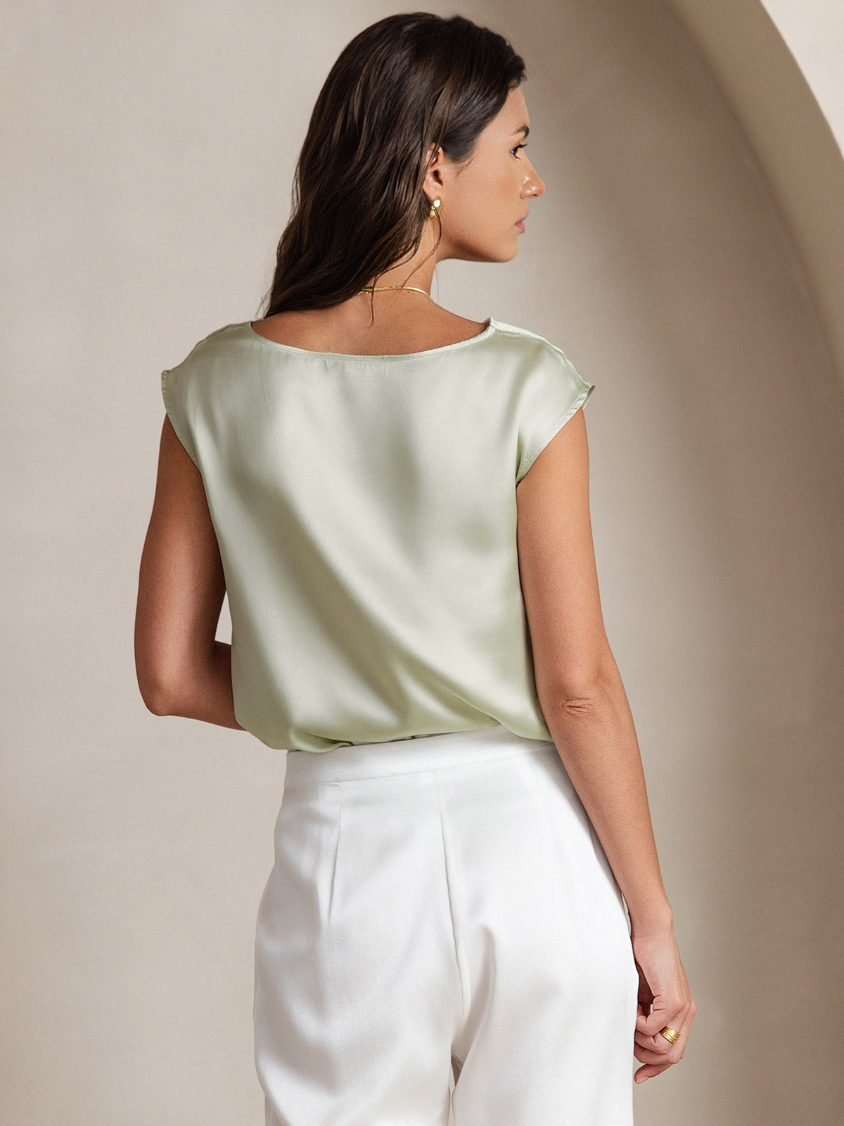 [Light Green] SilkSilky-UK 19Momme Silk Cap Sleeve Cowl Neck Women's T-Shirt 002