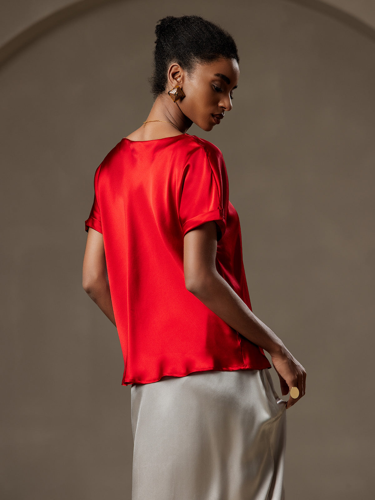 [Wine] SilkSilky-UK 19Momme Silk Short Sleeve Round Neck Women's T-Shirt 002