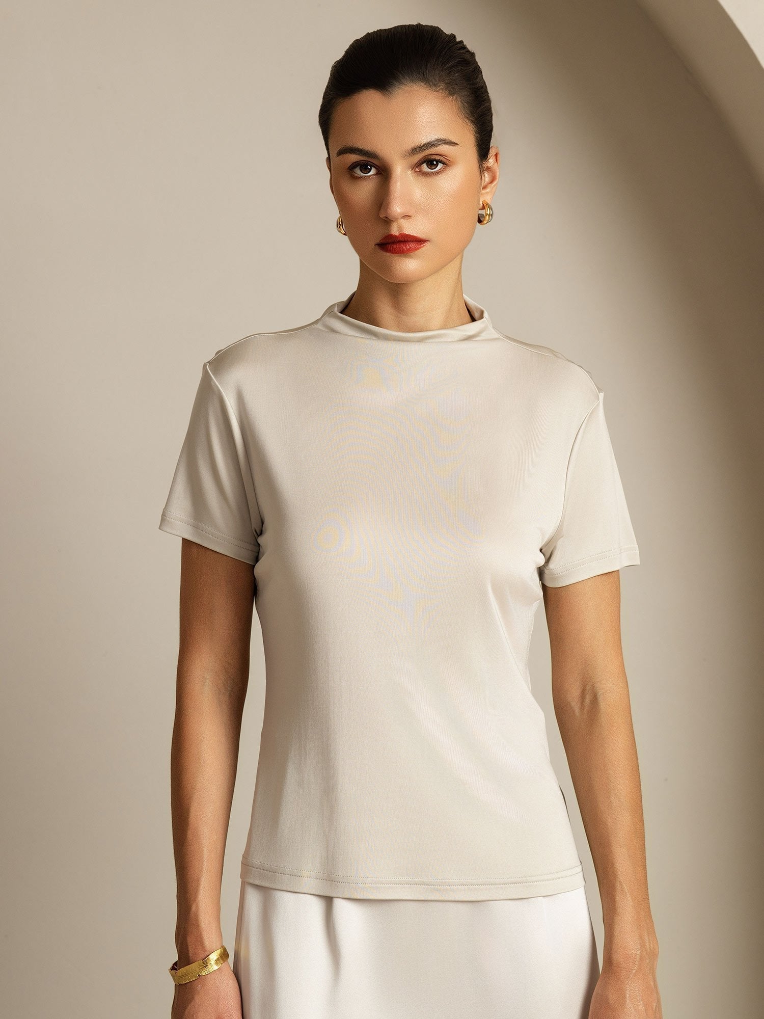 [Gray] SilkSilky-UK Pure Silk Collar Women's T-Shirt 006
